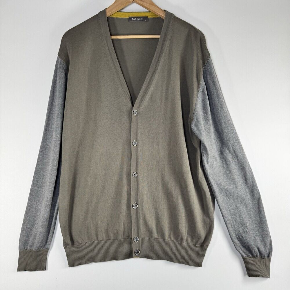 Emile Lafaurie Men XL Cardigan Sweater Made in Italy Olive Green Gray Colorblock